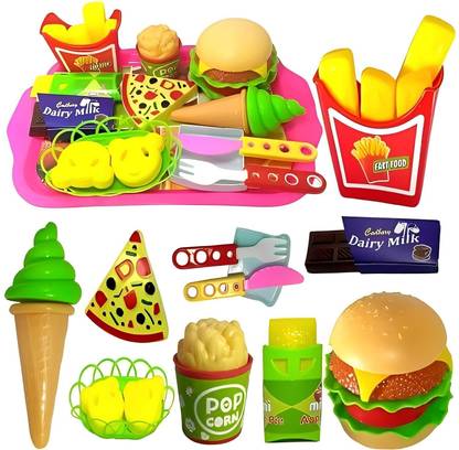 KEETLY 18 pcs Play Fast Food Set Pretend Play Barger Fries with Trey Food Toy