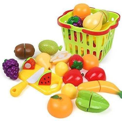 Pluspoint 13pc(Premium Quality)Realistic Sliceable Fruits and Vegetables with Basket Cutting Play Set, Can Be Cut in 2 Parts .