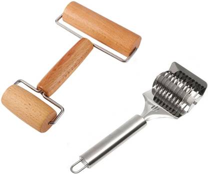 ExcitingDEalz Steel Noodle Pasta Cutter Nool Parotta Maker + Wooden Double Head Dough NonStick Rolling Pin