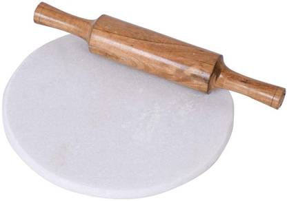 Zuperia White Marble Rolling Board and Wooden Rolling Pin (Chakla 10 Inch Belan 12 Inch) Rolling Pin & Board