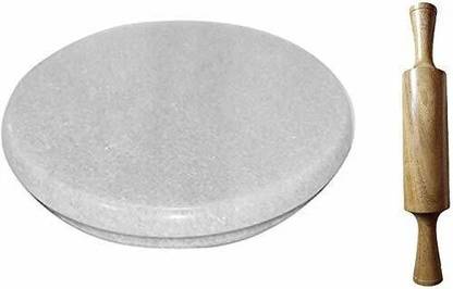 arba Handicraft Makrana Marble Chakla/Rolling Board/Roti Maker (White + Wooden Belan 12 inch) 9 Inch Pack of 1 Rolling Pin & Board