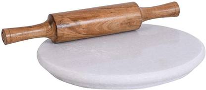 KiaNic White Marble Roti Maker With Wooden Belan Rolling Pin & Board