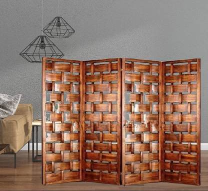 India wood mart Wooden Room Partition for Living Room Wood Screen Net Look 4 Panels White Solid Wood Decorative Screen Partition