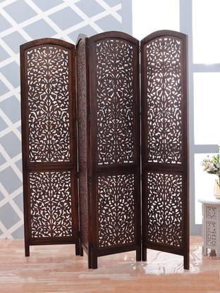 Decorhand Handcrafted 4 Panel Wooden MDF Room Partition & Room Divider ( Brown) Solid Wood Decorative Screen Partition