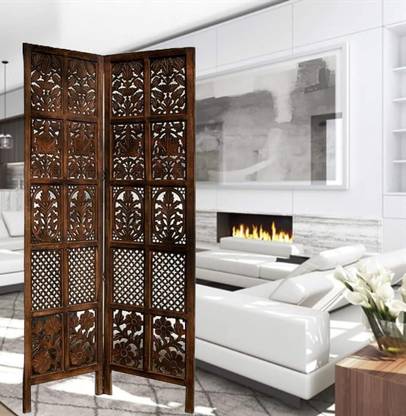 PartitionKing Wooden Room Divider Partition| Brown(2 Panel mix Design) Engineered Wood Decorative Screen Partition