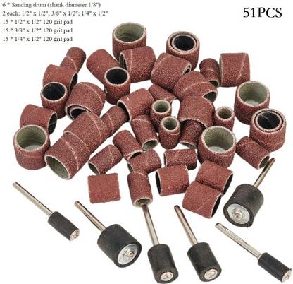 A&S TOOLSHOP 51 Pcs/Set Sanding Drum Band Mandrel 1/2 3/8 1/4 120-Grit,Rotary Tool Kits Sanding Drum Kit Rotary Bit Set