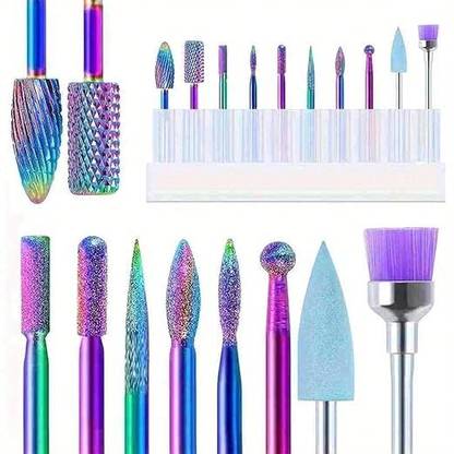 Zibuyu 10Pcs Nail Drill Bits Set with Rack Tungsten Carbide Bits for Acrylic Gel Nails 10Pcs Tungsten Carbide Nail Drill Bits with Storage Rack Rotary Tool
