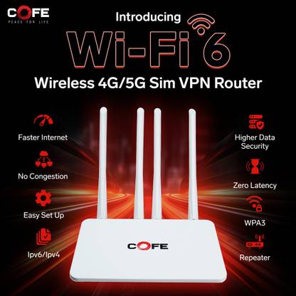 COFE CF-05-CT04 (Wi-Fi 6) Support 4G/5G Sim VPN Router Support Type-C Internet Router 2.4 GHz 300 Mbps Wifi Speed Single Band Internal & External Antenna MiFi (Sim Based)