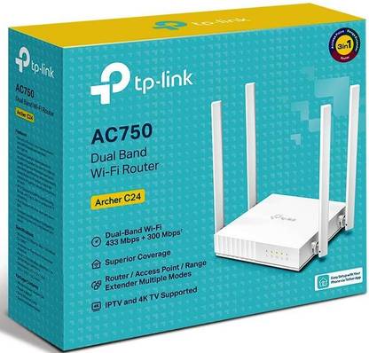 T P LINK AC750 DUAL BAND WIFI-ROUTER ARCHER C24 Router 5 GHz, 2.4 GHz 733 Mbps Wifi Speed Dual Band External Antenna Access Point Mode, Ethernet (Cable Broadband)