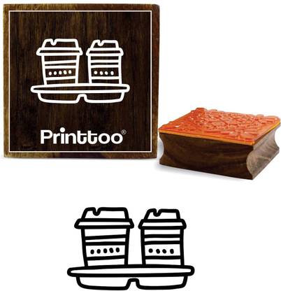 Printtoo Two Coffee Cup Design Card Print Square Wooden Rubber Stamp-2 x 2 Inches Rubber Stamp