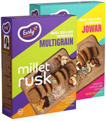 Early Foods Pack of 2 - Jowar Rusk & Multigrain Rusk, Multigrain flavored Millet Rusk