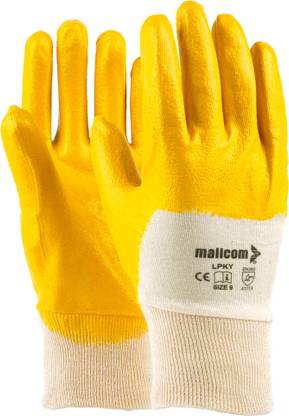 Mallcom LPKY Yellow 165 GSM Cotton Interlock Cut N Stitch Lite Coated Smooth Finish (Pack of 4) Nitrile  Safety Gloves