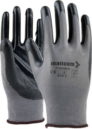 Mallcom P35NBA Grey Polyester 15 Gauge Smooth Finish Seamless Liner Coated with Black Safety Gloves (Pack of 12) Polyester  Safety Gloves