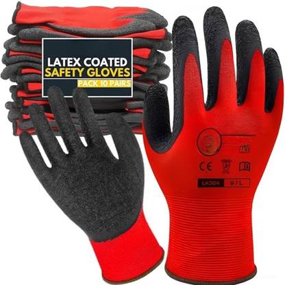 STYLERA Latex Coated Firm Grip Industrial Safety Work Cut Resistant Gloves, Red- 5 Pairs Nylon  Safety Gloves