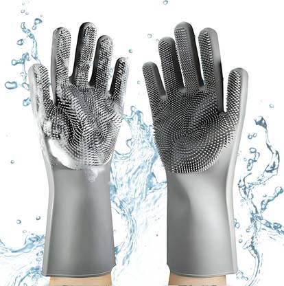 tick mark Multi-Purpose Grey Silicone Cleaning Gloves with Built-In Scrubber Wet and Dry Glove