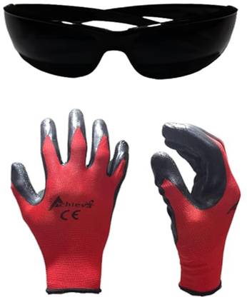 ZAILAND Welding Safety Goggle & Glove | Safety Glass & Nylon Gloves Combo Pack | Black And Red | Welding, Power Tool Safety Goggle  (Free-size)
