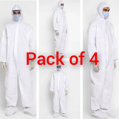 GLAMY COUTURE 80GSM NON WOVEN COVERALL ATTACH HOOD & SHOE COVER (PACK OF 4) FREE SIZE WHITE Safety Jacket