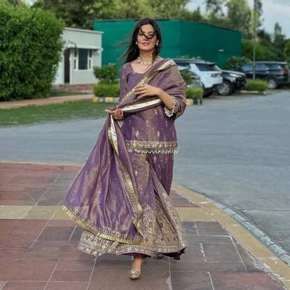 Sundarfashion Embroidered, Embellished Kurta, Sharara & Dupatta Set