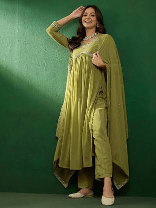 Tasrika Embroidered Anarkali Kurta, Bottom & Dupatta Set