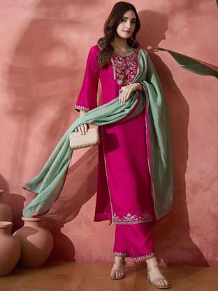 Sangria Embroidered Kurta, Palazzo & Dupatta Set