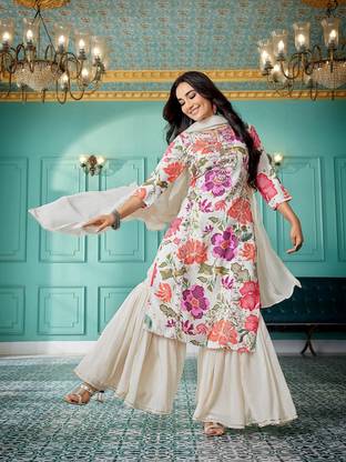 Royal Export Embroidered Kurta, Sharara & Dupatta Set