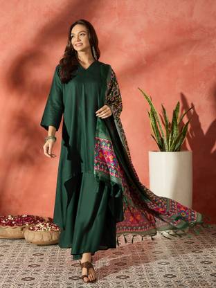 InWeave Solid Kurta, Palazzo & Dupatta Set