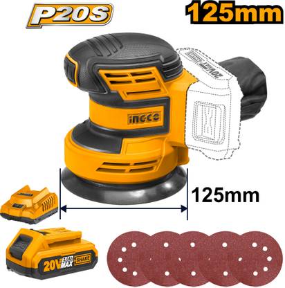 INGCO 20V Lithium-ion Random Orbit Sander, with 2.0Ah Battery and Charger, 125 mm/ 4.92 inch Random Orbital Sander
