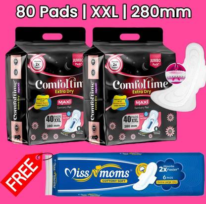 comfortime Extra dry, XXL(80 PADS, 280mm) Heavy Flow pads, Jumbo pack of-2 Sanitary Pad