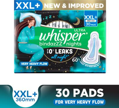 Whisper Bindazzz Nights XXL+, Upto 0% Leaks All Night Long Sanitary Pad