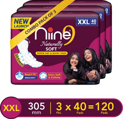 niine Naturally Soft XXL |305 mm|Wider Wings|Super Day&Night 2X Apsorbent, Combo of 3 Sanitary Pad