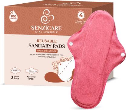 सेंज़िकेयर महिलाओं के लिए रियूज़ेबल सैनिटरी क्लॉथ पैड्स (3 रेगुलर पैड्स 1 ओवरनाइट पैड) धोने योग्य सैनिटरी पैड