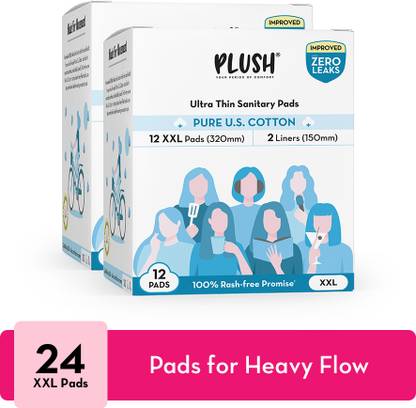 PLUSH 2 PACK - 100 % Rash free Cotton Sanitary Napkins | All 12 XL Pads Sanitary Pad