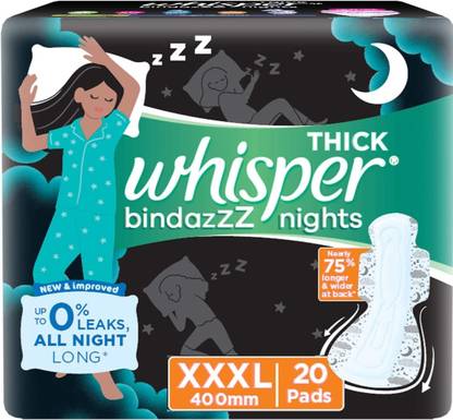 Whisper Bindazzz Night Sanitary Pads|20 Thick Pads|XXXL|upto 0% Leaks Sanitary Pad