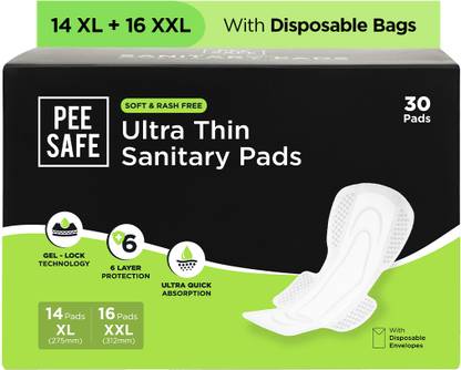 Pee Safe Ultra Thin Sanitary Pad For Women (14 XL + 16 XXL) Dual Wings Rash Free Periods Sanitary Pad