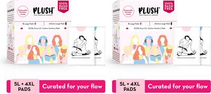 PLUSH Pure Cotton Sanitary Pads with Disposable Pouch|5L+4XL Sanitary Pad