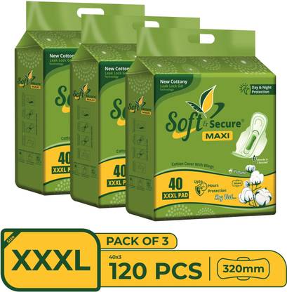 soft & secure Cotton Soft With Extra Gel Overnight Sanitary Pads Pack 3 (120 Pads) Sanitary Pad
