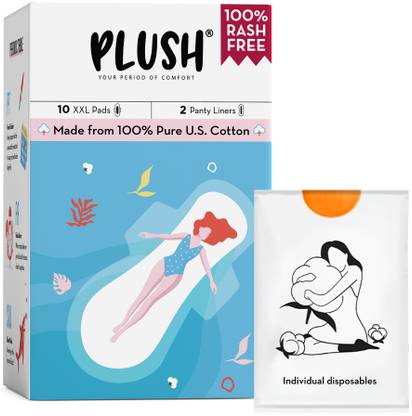 PLUSH XXL 360mm U.S. Cotton With Individual Biodegradable Pouches 10XXL+2 Liners Sanitary Pad