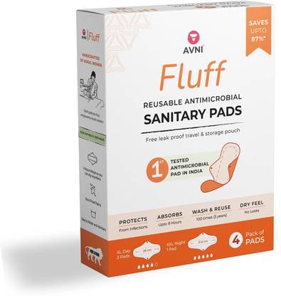 Avni Fluff Washable Cloth Pads, (R- 240MM x 4) | Antimicrobial | With Storage Pouch Sanitary Pad