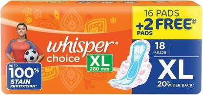 Whisper Choice XL Sanitary Pads Pack of 18 thick Pads|XL|upto 100% Stain protection Sanitary Pad
