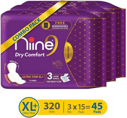 nine Dry Comfort Ultra Thin XL+ Sanitary Pads for Women ( Pack of 3 ) 45 Sanitary Pad