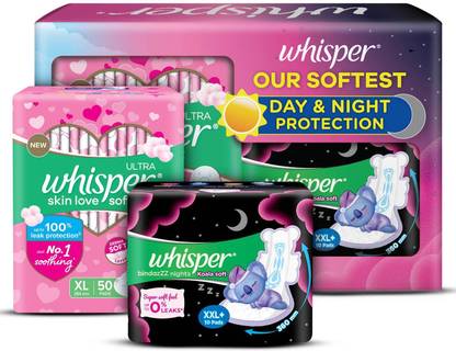 Whisper Ultra Softs XL 50s plus Bindazzz Nights Koala XXL+ 10s Sanitary Pad