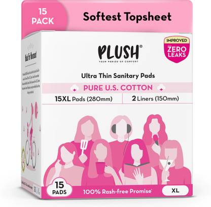 PLUSH 100% Pure U.S. Cotton Rash Free, Heavy Flow (15 XL Pads & 2 Liners) Sanitary Pad
