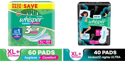 Whisper Ultra Hygiene+Comfort & Bindazzz Nights XL+ Combo Sanitary Pad