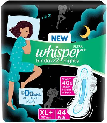 Whisper Bindazzz Nights Sanitary Pads for Women, XL+ 44 Napkins Sanitary Pad