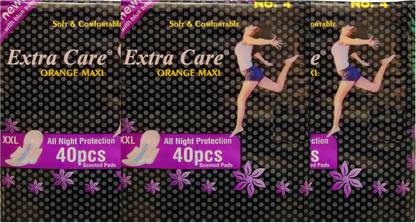 Extra Care Womens/Girls XXL Sanitary Pads (Napkins) with Wings- Pack of 120 (40+40+40) (XXL, Orange Maxi) Sanitary Pad