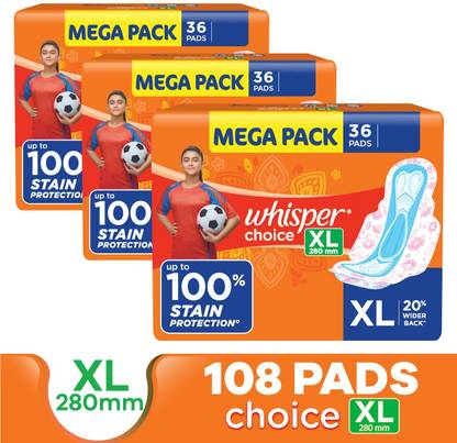 Whisper CHOICE XL, UPTO 100% STAIN PROTECTION ALL DAY Sanitary Pad