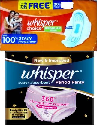 Whisper Bindazzz nights period panty M/L 6N+20 Choice ultra Regular pad pack of 2 Sanitary Pad