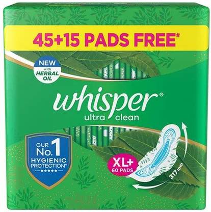 Whisper Whispers Ultra Soft Sanitary Pads For Women, X-Large plus Pack of 60 Napkins Sanitary Pad