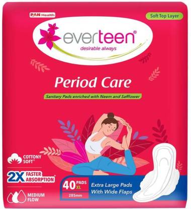 everteen Period Care XL Soft Sanitary Pads with Neem & Safflower For Medium Flow – 1 Pack Sanitary Pad  (Pack of 40)