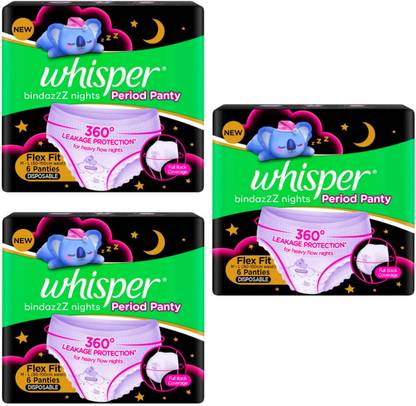 Whisper BINDAZZZ NIGHT PERIOD PANTY PANTIES 6+6+6N PACK OF 3 Sanitary Pad